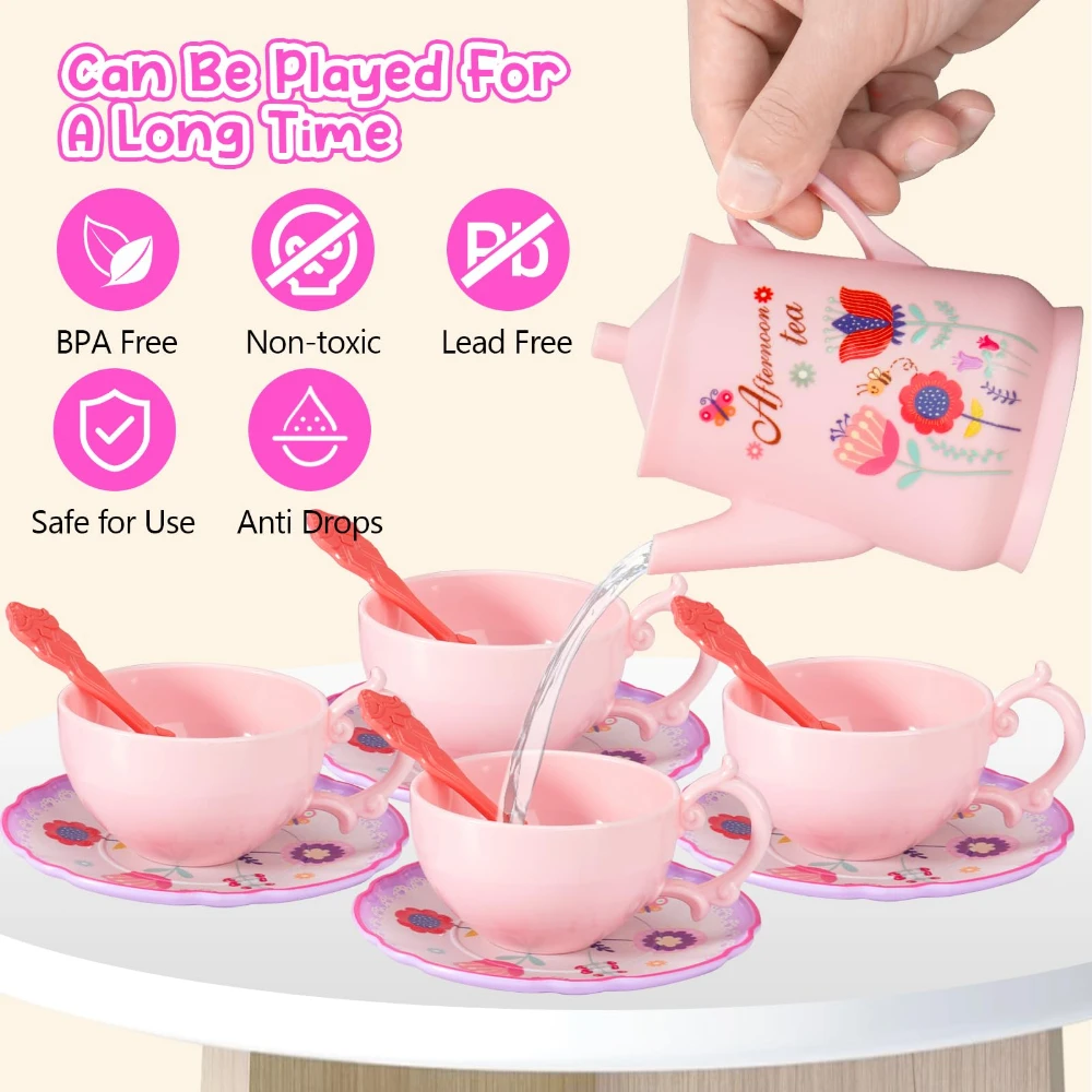 WizKidz Girls Tea Party Set Toddler Tea Set 3-5 Years Old Kitchen Role Play Toys Dishwasher Safe Fun Pretend Play for Kids 3+