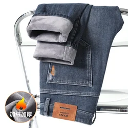 2024 Winter New Brand Thick Fleece Thermal Jeans Classic Men's Slim Fit Straight Dense Fabric High Quality Slim Denim Trousers