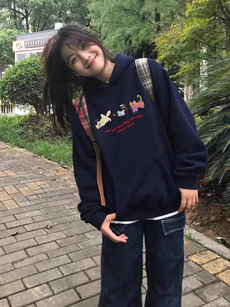 Korean Style Colorful Plaid Cat Print Hoodie for Women Fall Winter 2026 New Design Loose Fit Fleece Lined Navy Pullover Jacket