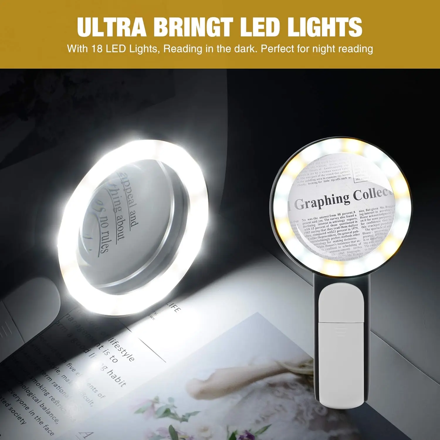 Magnifying Glass with 18 LED Lights 30X Handheld Large Lens Illuminated Magnifier for Seniors Reading Inspection Coins Jewelry