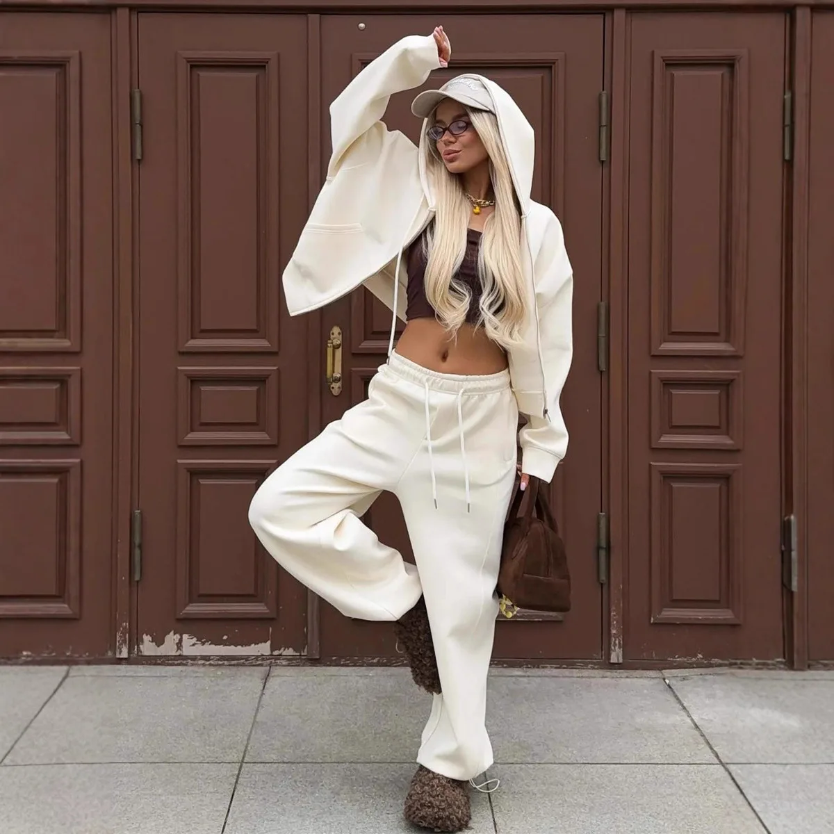 

Fashion Street Zipper Hoodie Sports Pants Suit Autumn and Winter Women Solid Thick Warm Soft Windproof Hoodie Wide Leg Pants Set