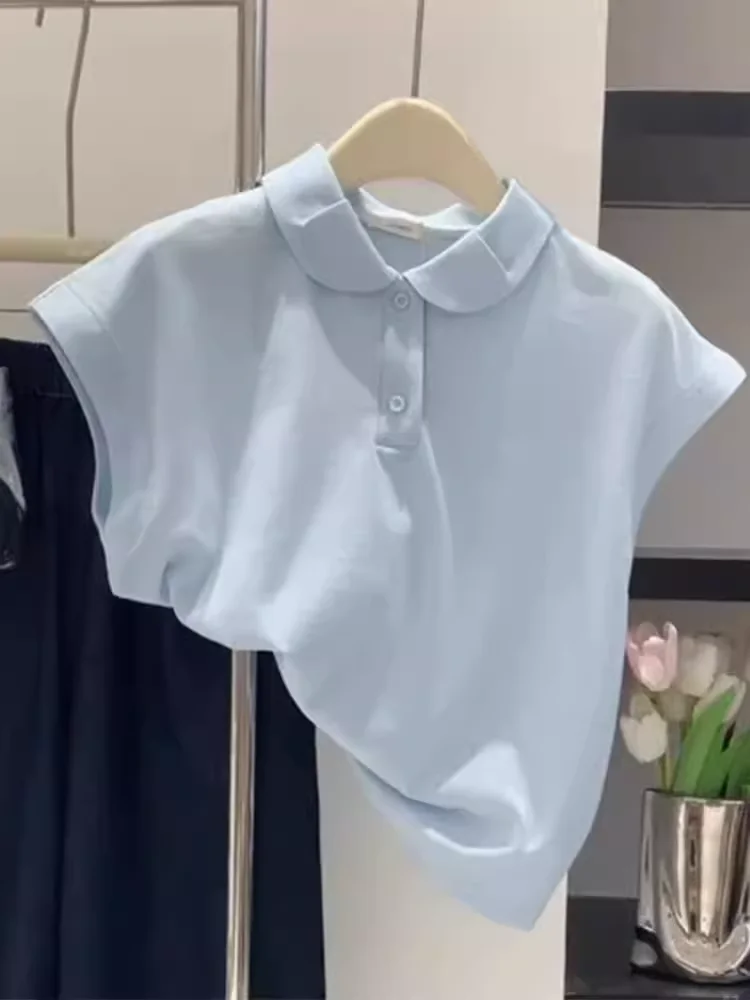 Loose Fit  Ne ort Sve Women's Top  Blue Spring Summer Faion Korean Sle Casual Comfortable Inner Wear