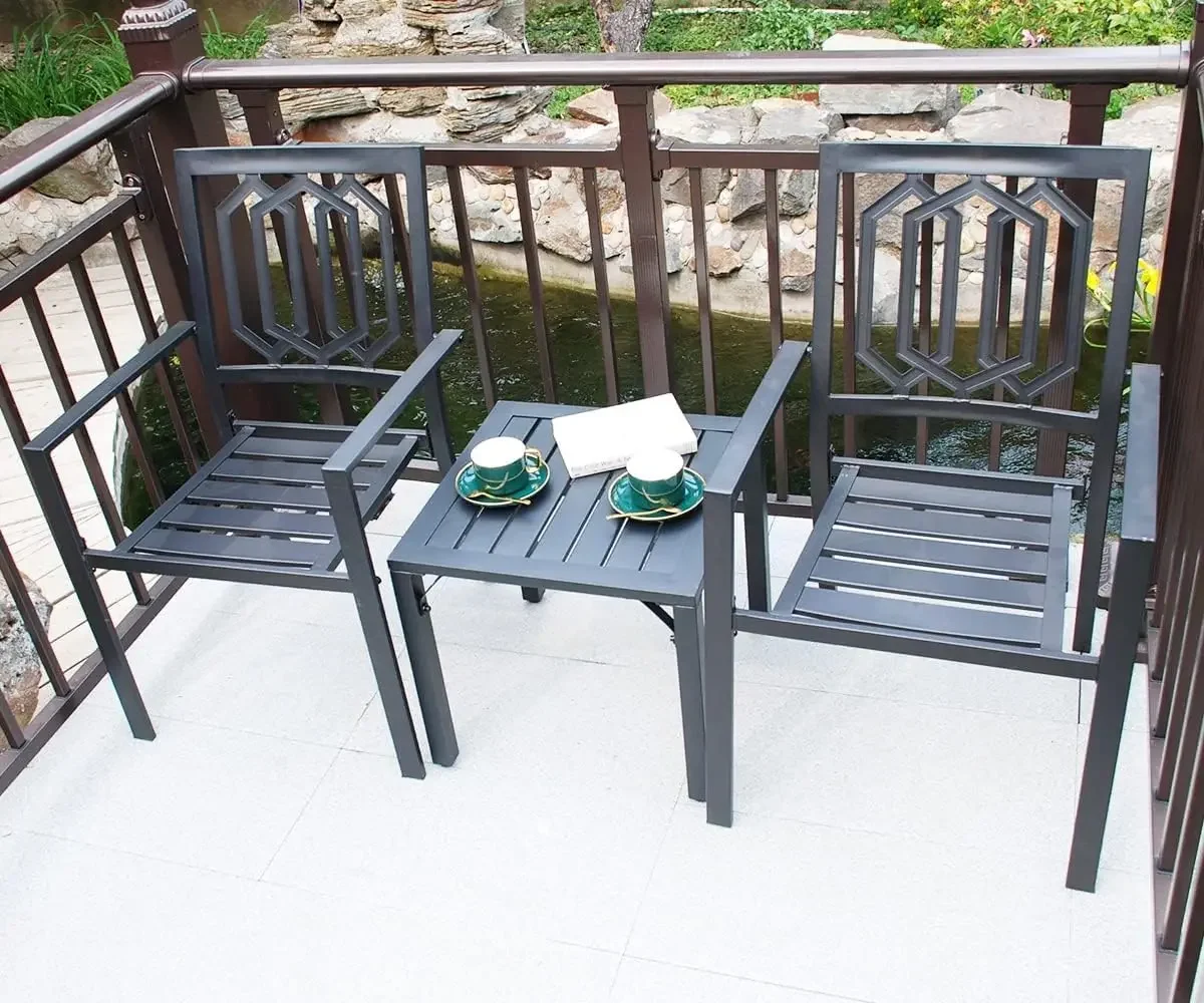 For Stackable Outdoor Metal Dining Chairs, Black, with Arm Support, Hexagon Black