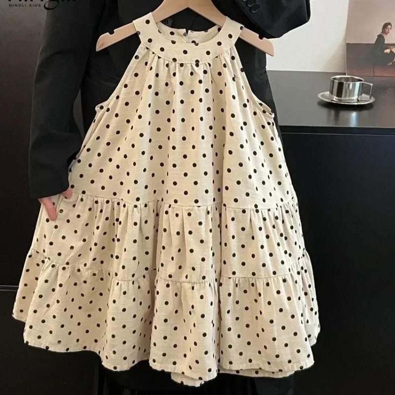 

Korea Summer Kids Clothes Baby Girls Dress Black Wave Dot Sleeveless Dress Cotton Cloth Holiday Dress Princess Sundress 2-7Y