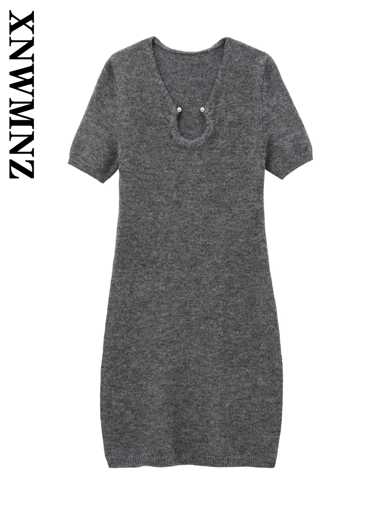 Xnwmnz 2024 mulher casual comprimento longo malha midi saia vestidos na moda mulher com decote em v vestido de manga curta ajuste regular