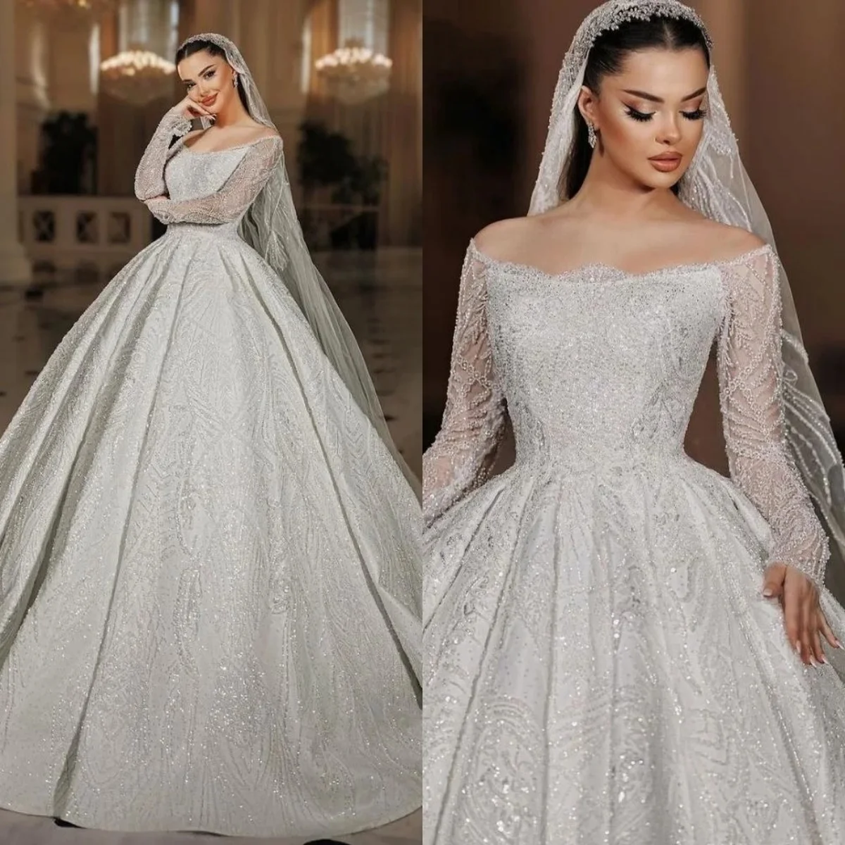 

Sparkly Luxury Beaded Wedding Dress With Train Strapless Long Sleeve Bridal Gown Customized Ball Gowns Dresses For Bride