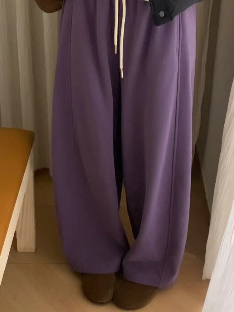 الكورية Sle عالية الخصر Dstring Fce اصطف السراويل النسائية فضفاضة التخسيس الخريف الشتاء Faion مرونة الخصر