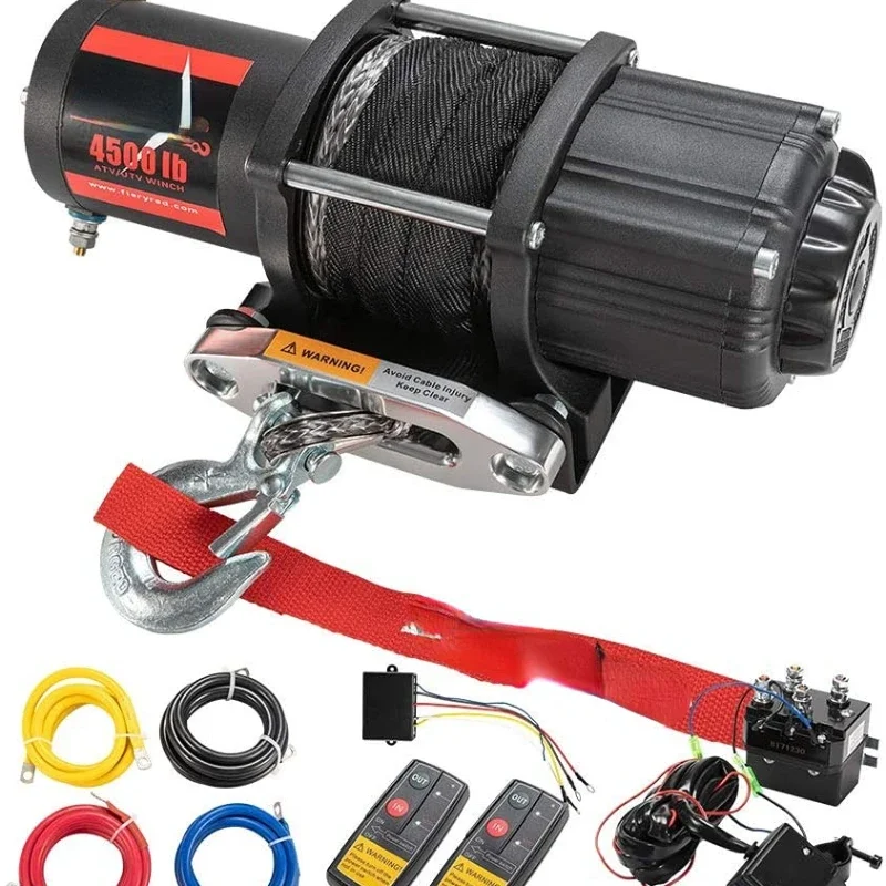 12V 4500LBS Towing ATV/UTV Off Road Trailer Electric Synthetic Rope Winch Kits with Wireless Remote Control Mounting