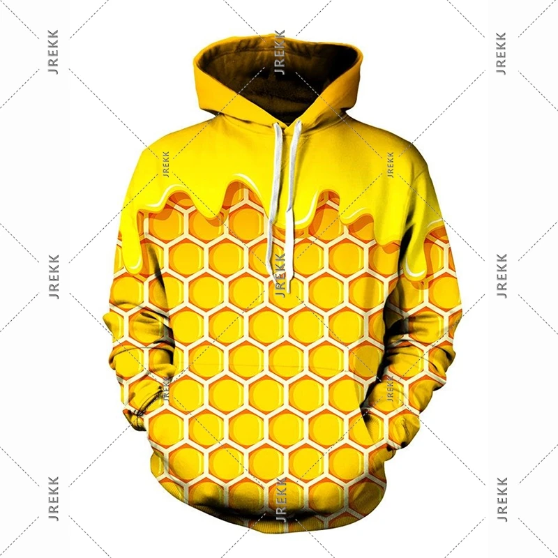 Honey Bee Hot Dog Funny Hoodie Men Clothing French Fries Burger Lover Essential Hoodies Hip Hop Personality 2025 Fun Sweatshirt