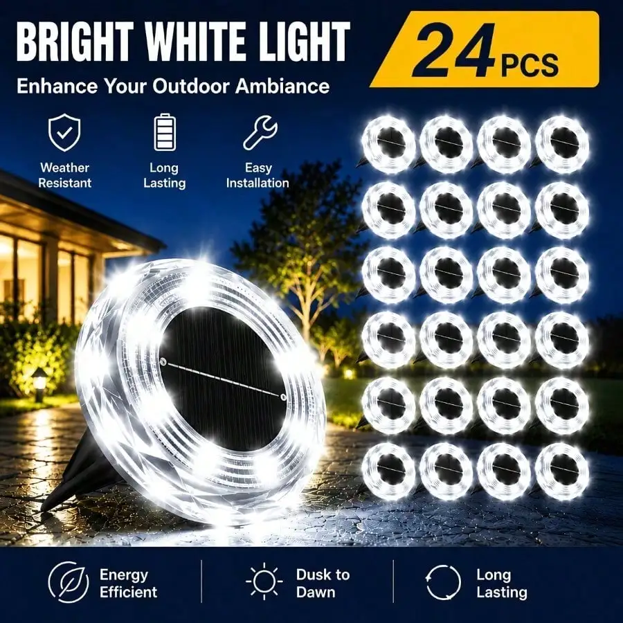 24-Pack, Solar-Powered Small Diamond Ground Buried Lights (White Light), Suitable for Outdoor Villa, Courtyard, Garden, Step-in Lawn Landscape Lighting Decoration Lights.IPX4