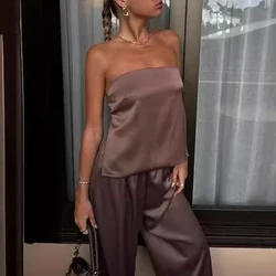 Sexy Strapless Top + Long Pants Suit Fashion Hollow Out Off Shoulder Satin Two Piece Set Women's Casual Solid Color Loose Outfit