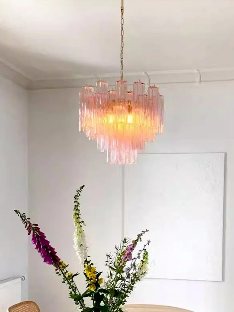 Lampadari in vetro con texture rosa/trasparente Apparecchio di illuminazione a LED Lampada a sospensione europea per soffitto Soggiorno Decor Lustre