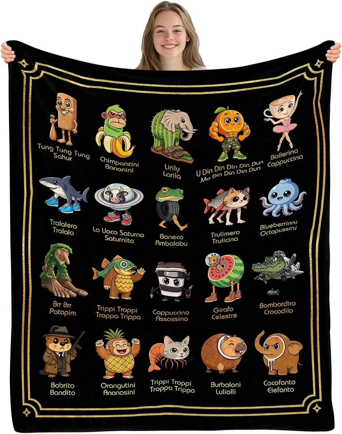 Cartoon Hybrid Creature Name Golden Frame Print Black Base Flannel Throw Blanket,Soft Warm Sofa Cover,Game Fan Bedroom Rest Gift
