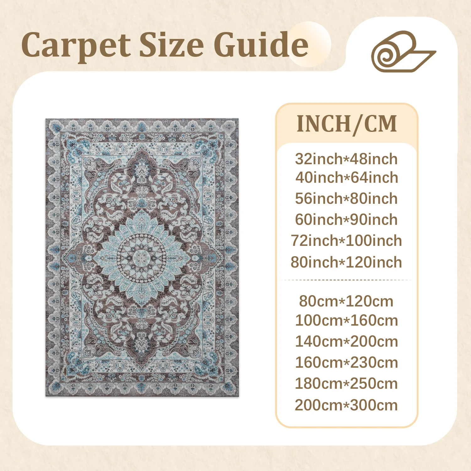 Large Indoor Area Rug, Soft Velvet Low Pile Rug with Non-slip Dotted Backing, Machine Washable Vintage Medallion Area Rug for Living Room, Bedroom, Distressed Boho Style Floor Decor