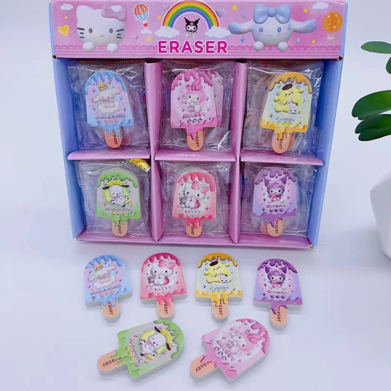 Imagem -02 - Sanrio Kawaii Lápis Eraser Estudante Papelaria Lápis Bonito Eraser Kuromi Melodia Cinnamonroll Stereo Ice Cream Atacado 30 Pcs