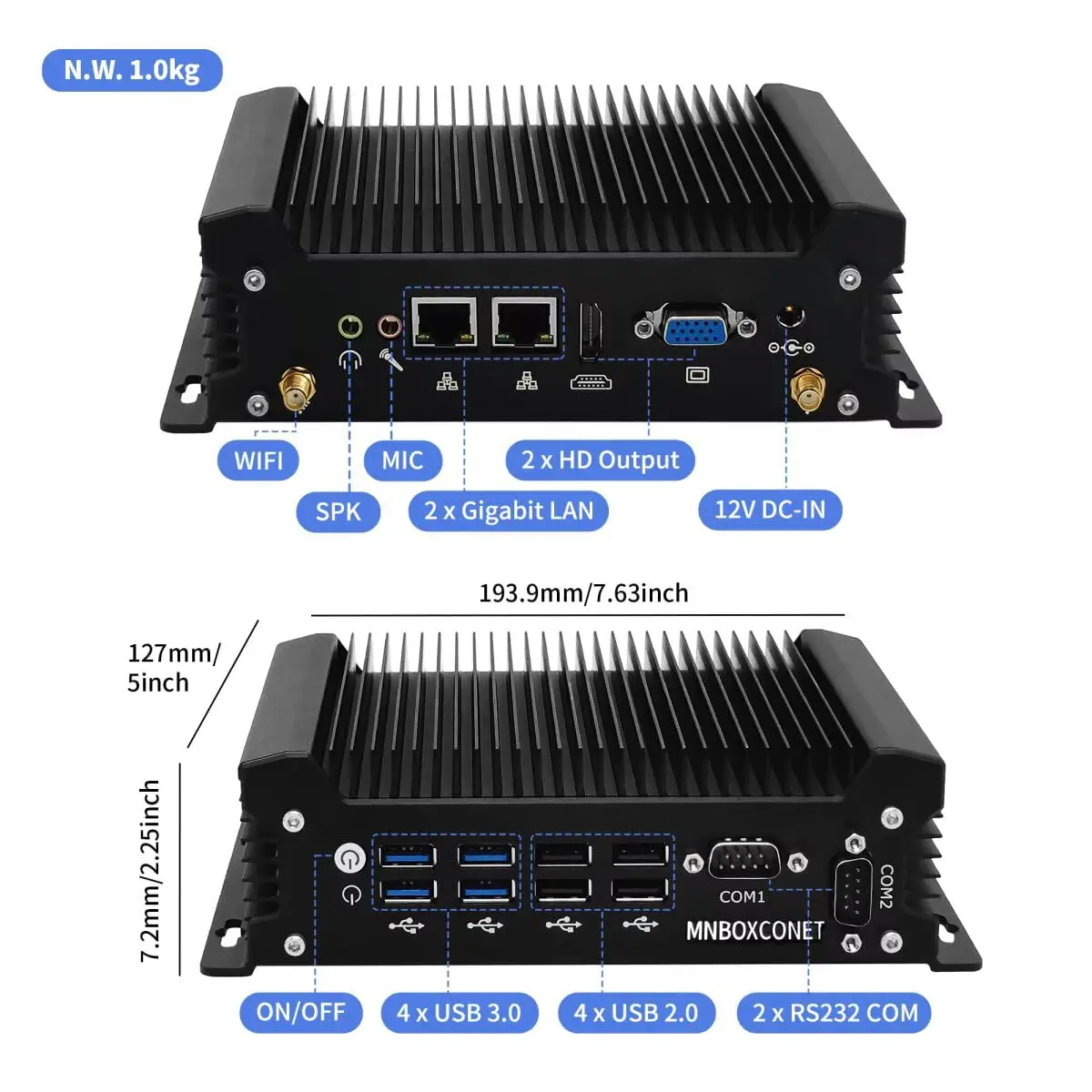 MNBOXCONET Fanless Mini PC Industrial Core i3 8130U, Micro Computador 16GB RAM 512GB SSD, 2X RS232 COM, RJ45 LAN, Wifi5/BT4.2,