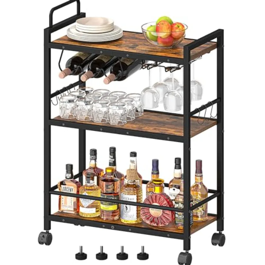 

Bar Cart, Serving Cart for Home, Microwave Cart, Drink Cart, Mobile Kitchen Shelf with Wine Rack and Glass Holder, Rolling Beve