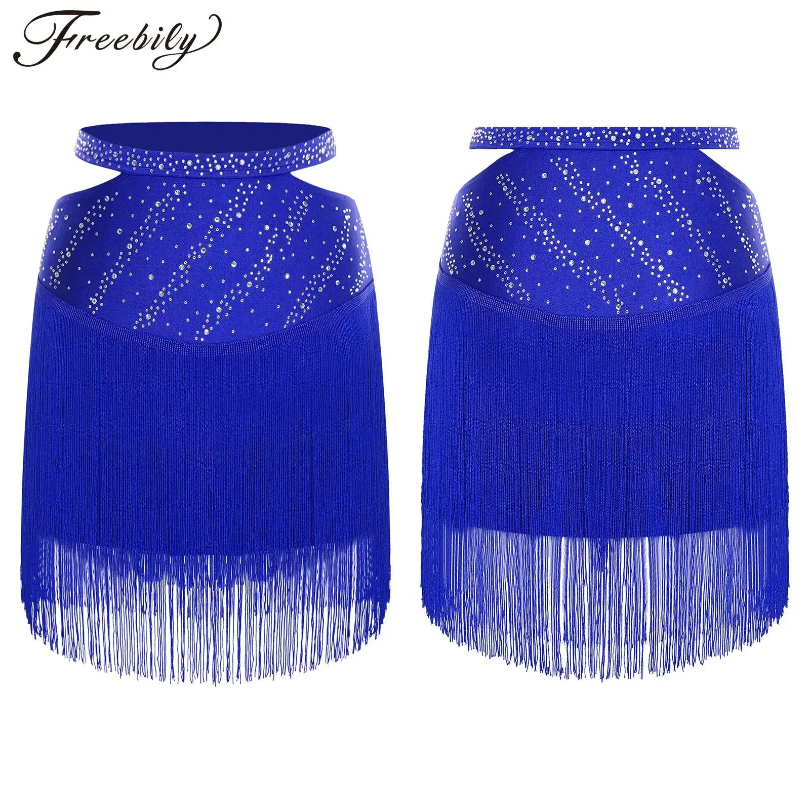 女性サルサラテンダンススカート社交チャチャタンゴサンバルンバ衣装カットアウト弾性ウエスト光沢のあるラインストーンタッセルスカート