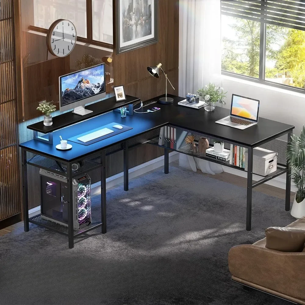 

Gaming Table With Storage 55 Inch Large Office Corner Desk With Economic Monitor Stand Sleek Grid Design Bed Room Desk to Study