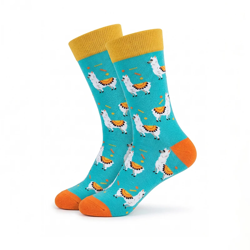1 Pair, Unisex, Lake Blue Background with White Alpaca Pattern, Yellow and Orange Color-Blocking Heel and Toe, Polyester, Breathable, Fun, Mid-Calf Socks, Suitable for Everyday Wear - view 4