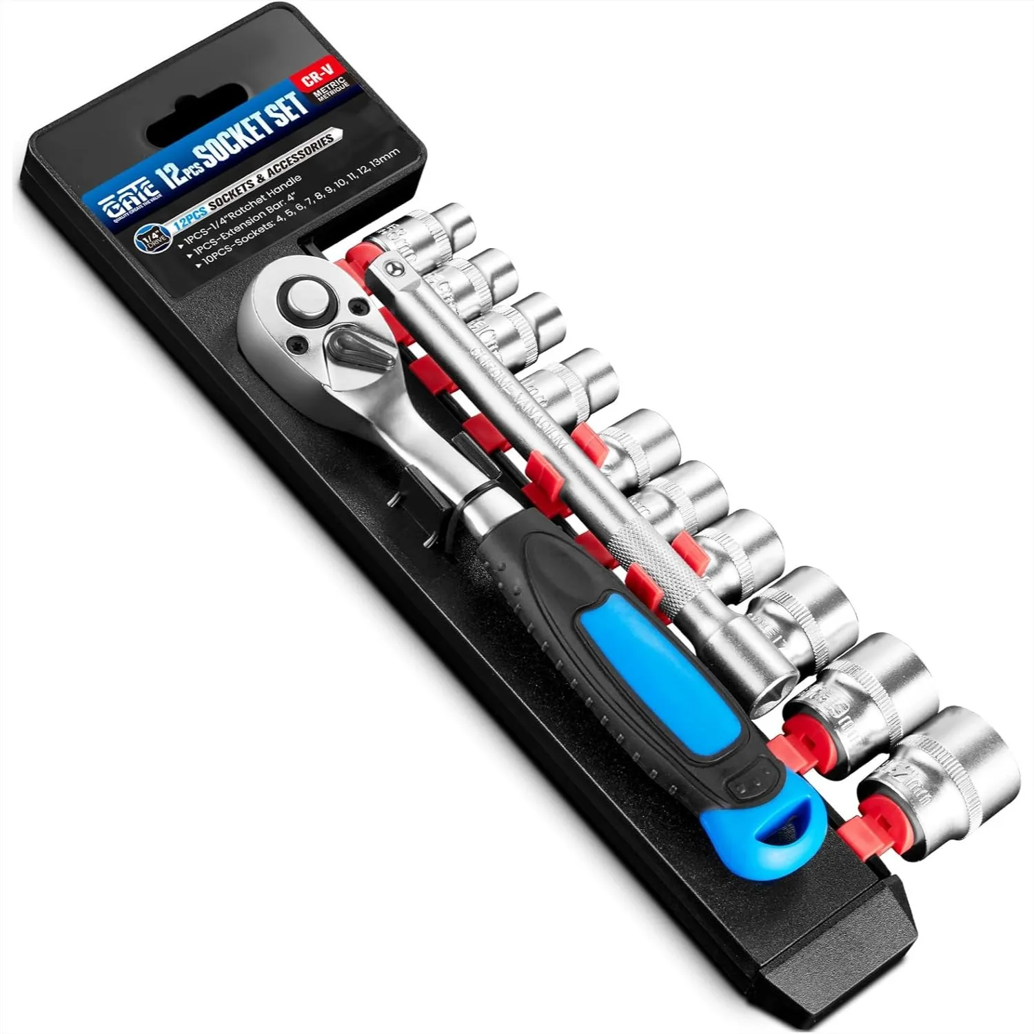 

1/4" Drive Metric Socket Wrench Set, 12PCS 90-Tooth Ratchet with Shallow Sockets and Extension Bar for Car Repair