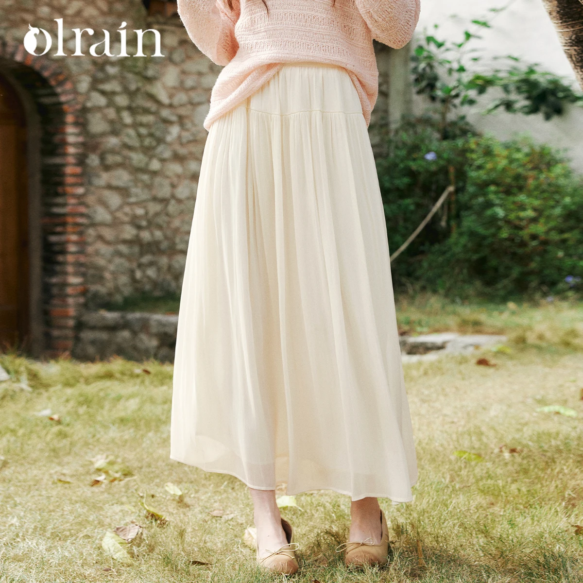 OLrain Women French Soft Cream White A-line Long Skirt Summer 2026 New Elastic Waist Flowy Casual Elegant Maxi Skirt O58XB001802