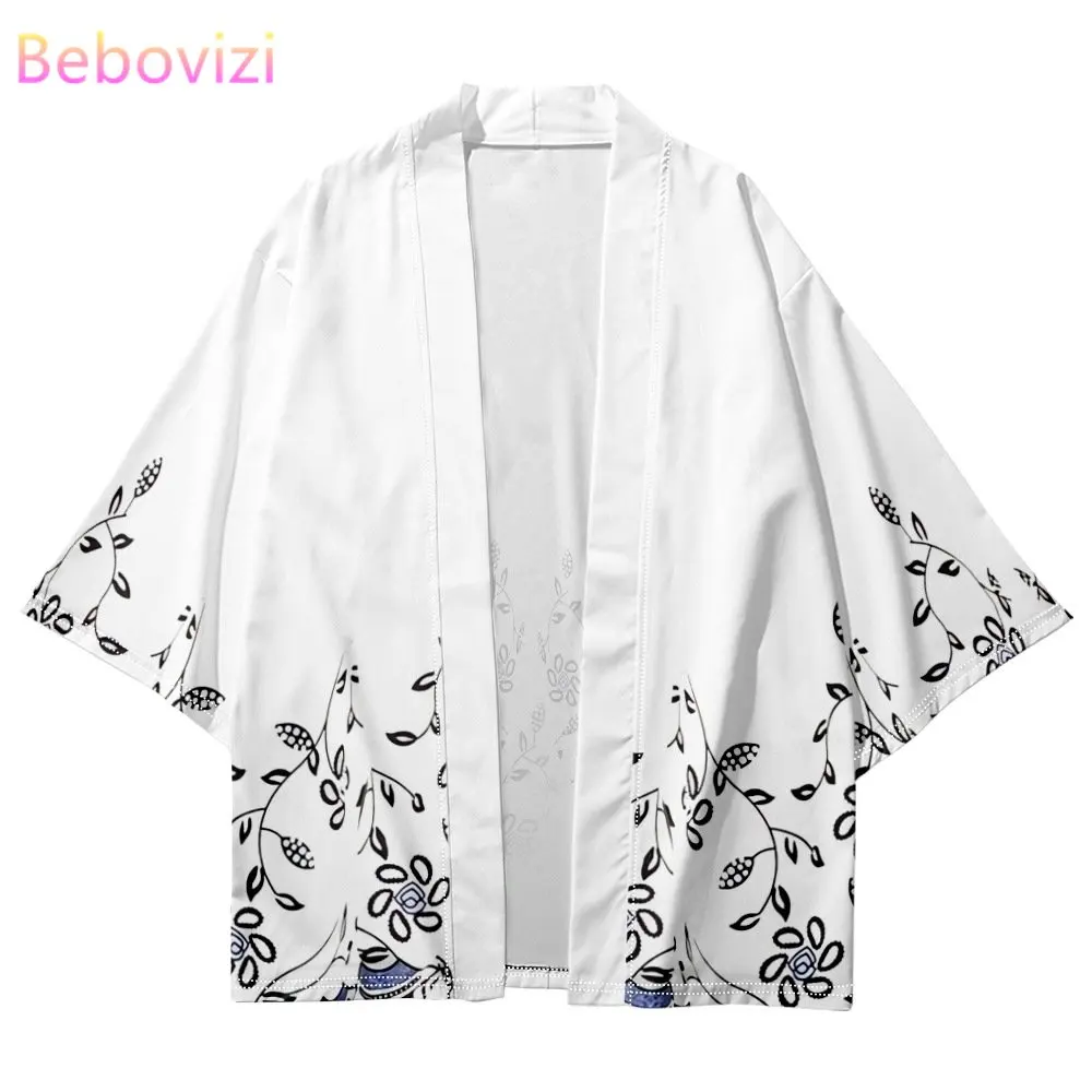 

White Kimono Fashion Flower Print Japanese Haori Summer Beach Women Cardigan Yukata Traditional Men Asian Clothing Plus Size