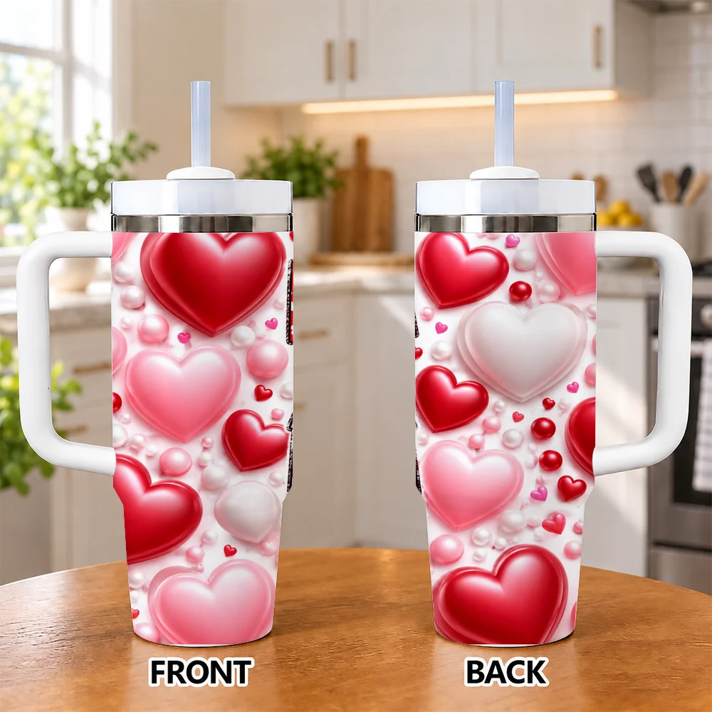 Mama Valentine Vacuum Flasks 40oz Insulated Stainless Steel Tumbler with Handle & Straw, Hot Cold Gift Cup