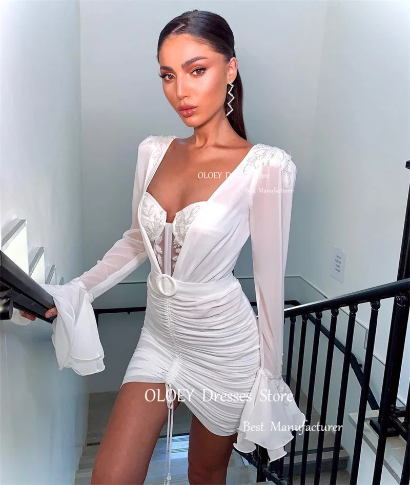 OLOEY Chic White Short Wedding Party Dresses Long Sleeves Embroidery Beads Pleats Prom Evening Gowns Cocktail Dress New 2023