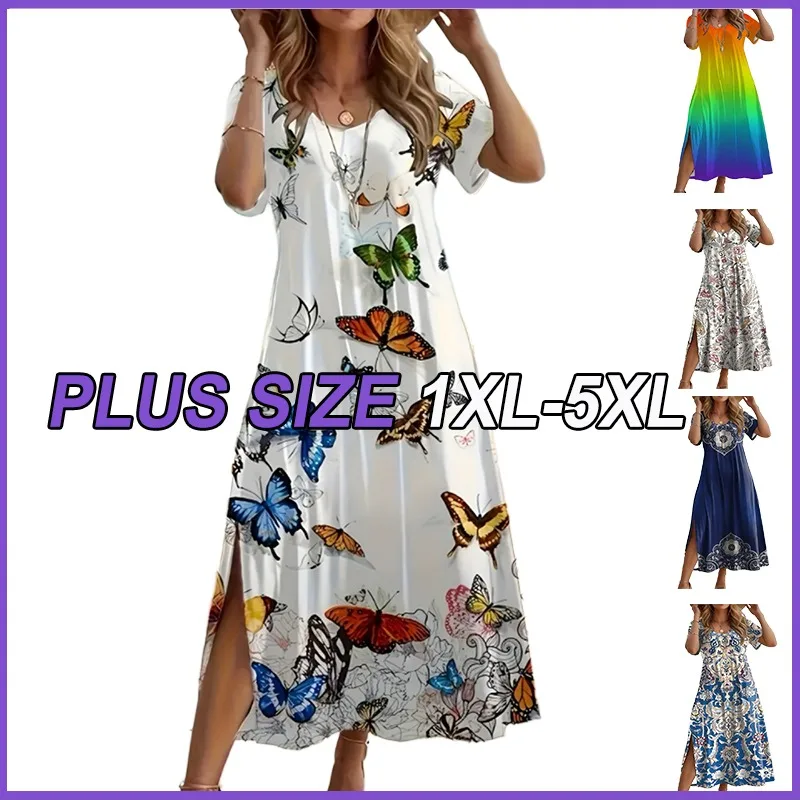 

Plus Size Dresses For Women Elegant Summer Plus Size V-Neck Butterfly Print Dress Lady Split Hem Short Sleeve Fashion Frocks