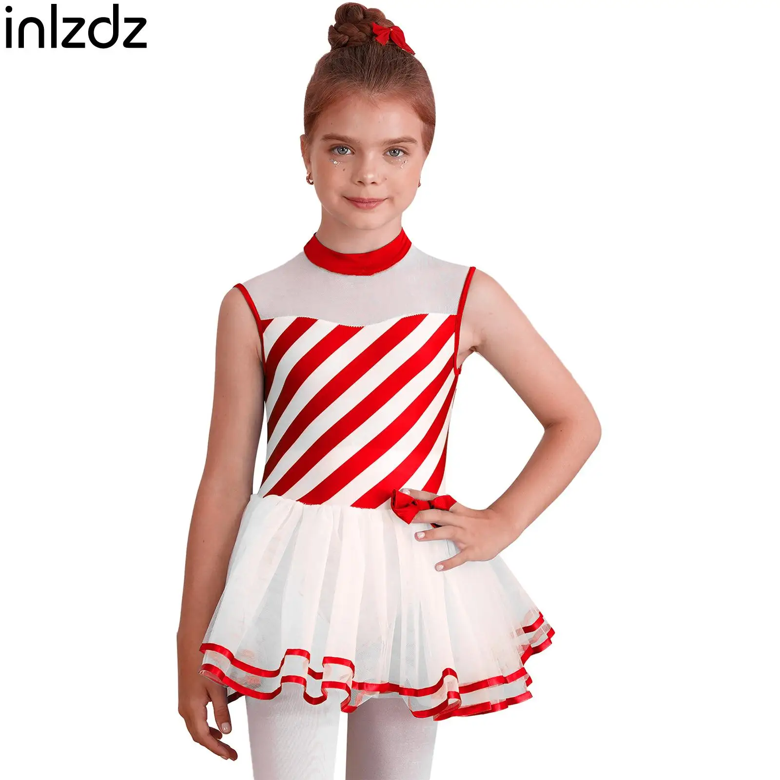 Kids Girls Ballet Dance Dress Christmas Cosplay Striped Dress Up Jumpsuit Sleeveless Mesh Yoke Ribbon Trim Tutu Skirt Costumes