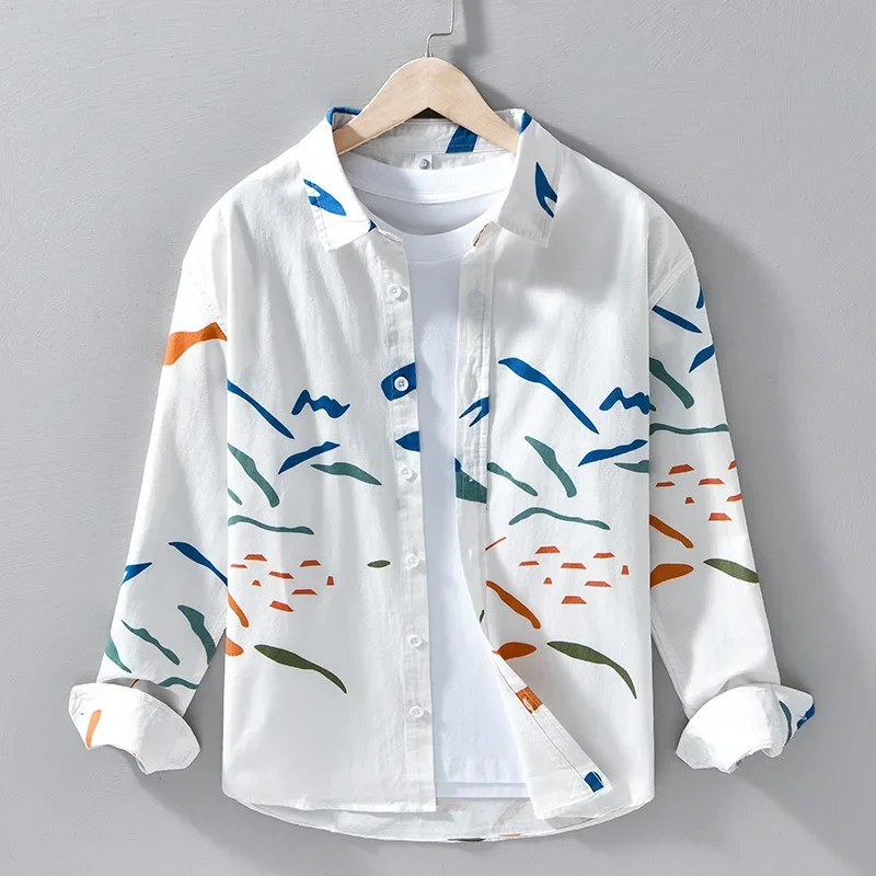 

Японская модная мужская рубашка с принтом, с длинным рукавом, весенне-летние гавайские рубашки, мужской пляжный топ, повседневная удобная одежда из чистого хлопка