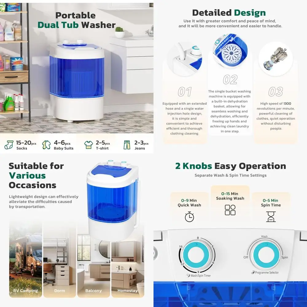 Kompakte Einzelwaschmaschine mit Schleuderkorb, 6,6 lbs Tragbare Waschtrockner-Kombination für Apartments und Studentenwohnheime (Blau)
