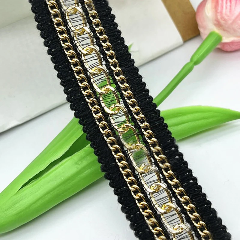1Yard Black Ribbon Gold Aluminum Chain Crochet Woven Lace DIY Sewing Collar Accessories Beading Braid Lace Trims Dress Fabric