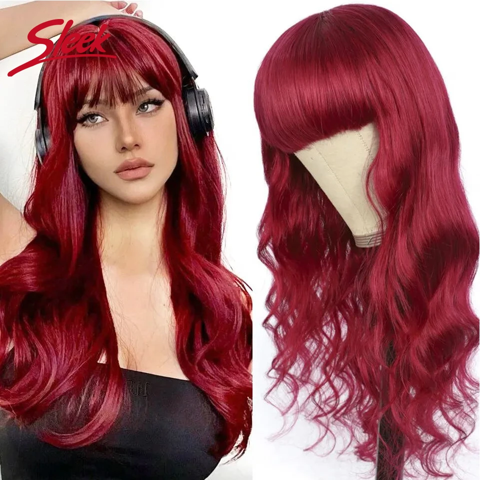 

Sleek Brazilian Body Wave Wigs Red Burgundy Color Long Loose Wavy Natural Remy Black Dark Human Hair Wig With Bangs For Women