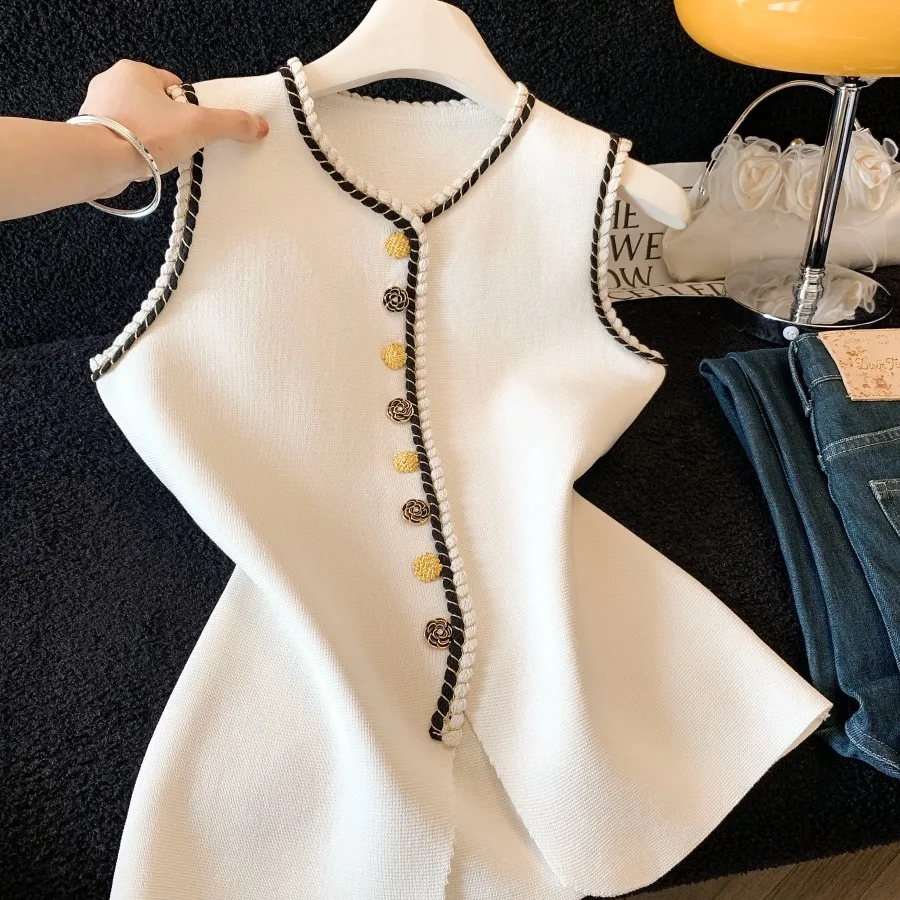 

Korean Style round Neck Knitted Vest Single Button Lightweight Summer Top Simple Elegant Outerwear for Women Casual Wear