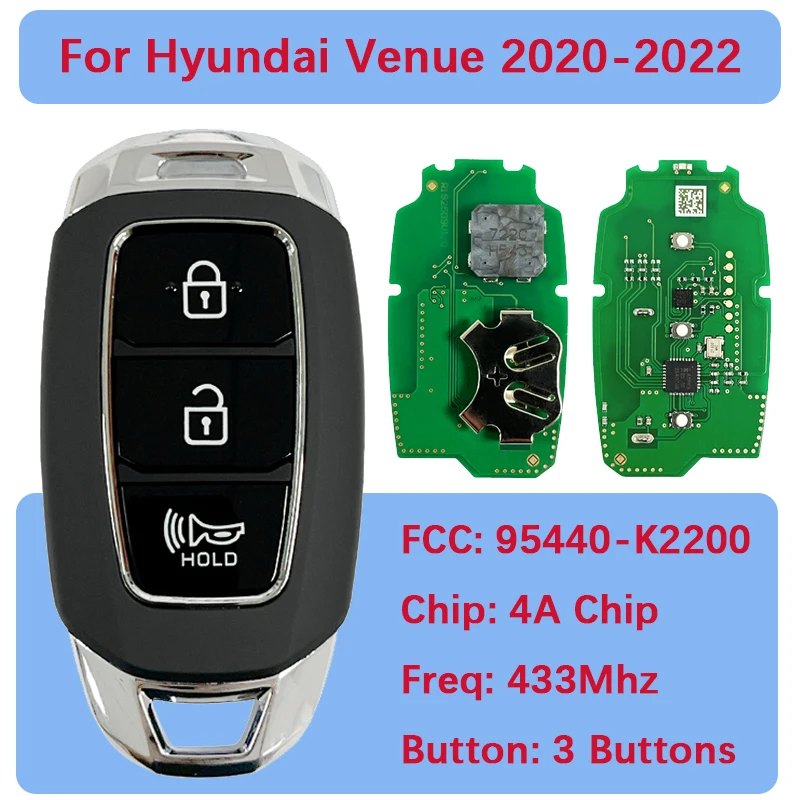 

CN020393 3 Buttons Smart Key Part Number: 95440-K2200 FCCID SY5QXFGE03 433MHZ 4A Chip For Hyundai Venue 2021