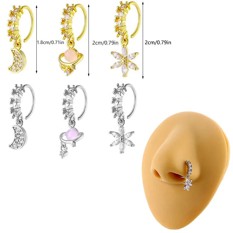 Celestial Planet Moon Click Closure Nose Ring Set 1/3Pcs, Silver Tone Titanium Steel Nostril Cartilage Piercing Accessory