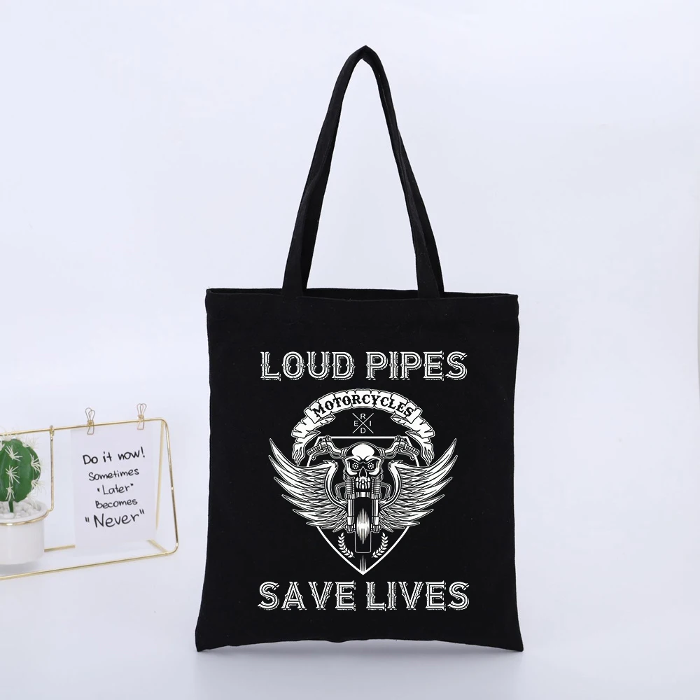 Skull and Motorcycle Graphic Canvas Tote Bag, Streetwear Style for Daily Use and Casual Outings
