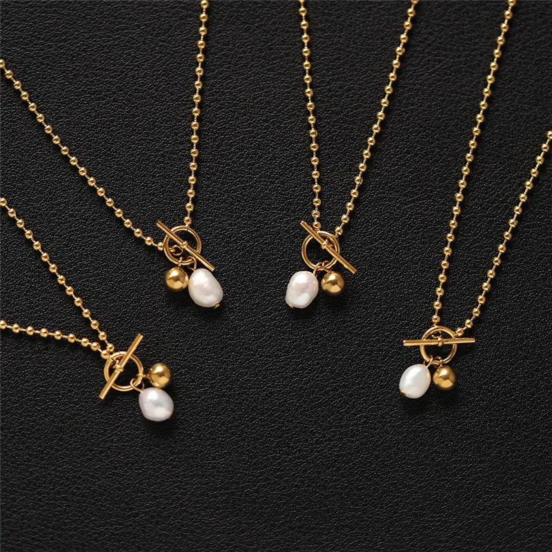 

Minimalist INS Holiday Style OT Buckle Natural Pearl Necklace Collar Chain Women Titanium Steel Jewelry