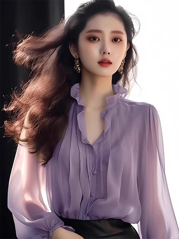 

Elegant Long Sleeve Chiffon Shirt Women's Fashion Spring Autumn Summer New Style Beautiful European Style Top Ladies' Clothing