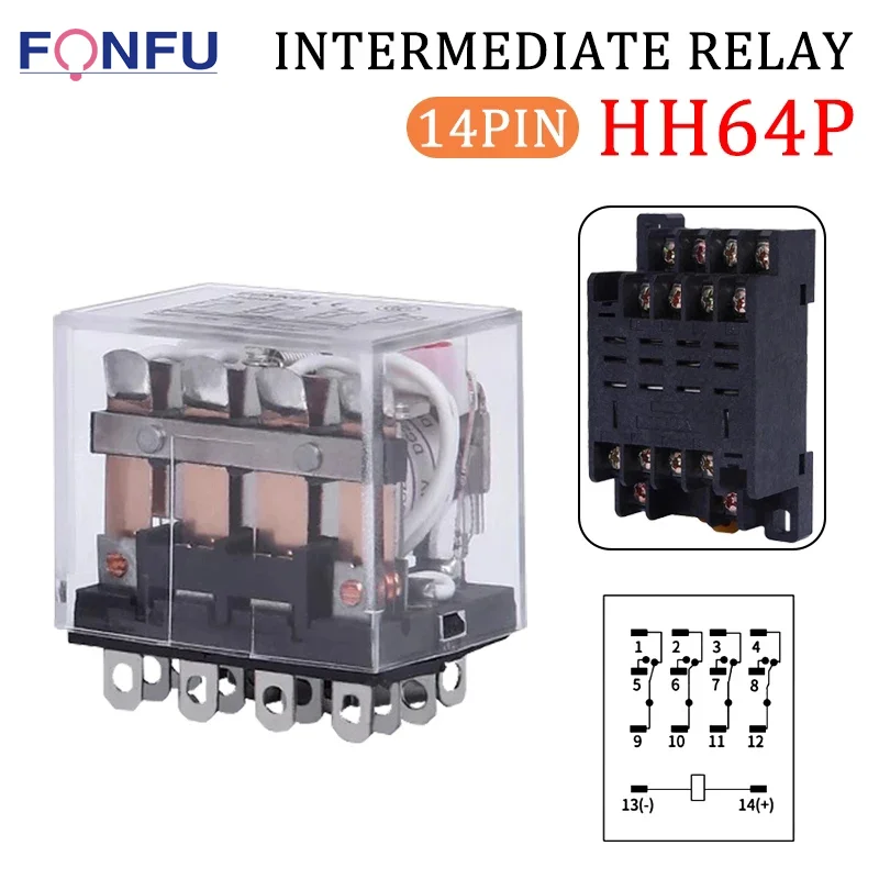 5Pcs Intermediate Relay HH64P LY4NJ 10A Small Electromagnetic Relay ACDC12V24V AC110V 220V 380V With 14 pins Socket base PTF14A