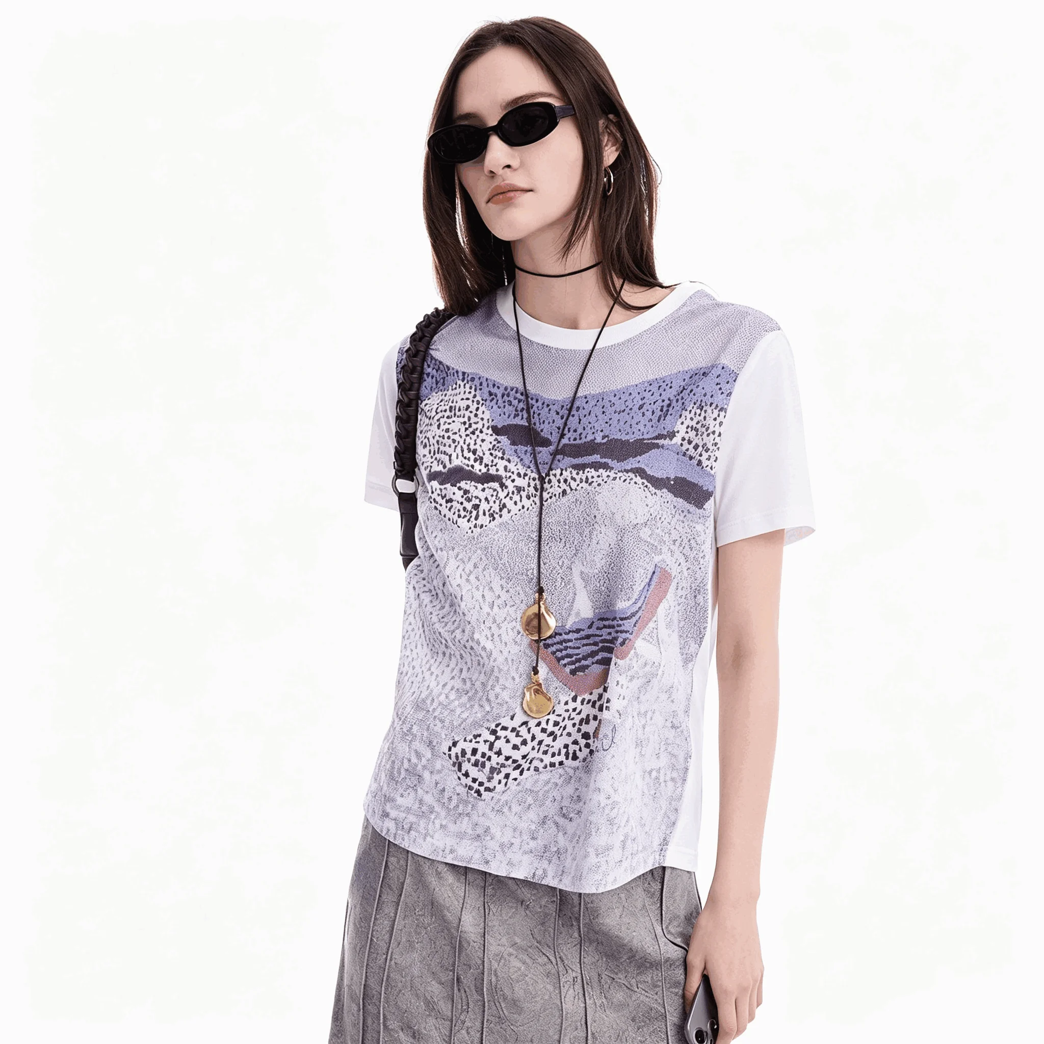 Spanish original single women's T-shirt elastic slim fit hand drawn embroidered floral round neck top