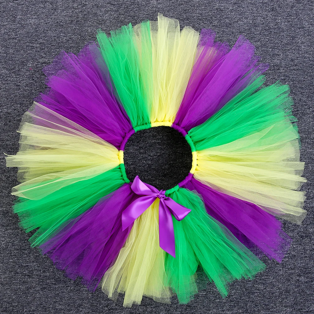 Gonna Tutu Mardi Gras per bambina festa festiva Costume di carnevale bambini Tutus giallo verde viola soffici ragazze gonne di Tulle