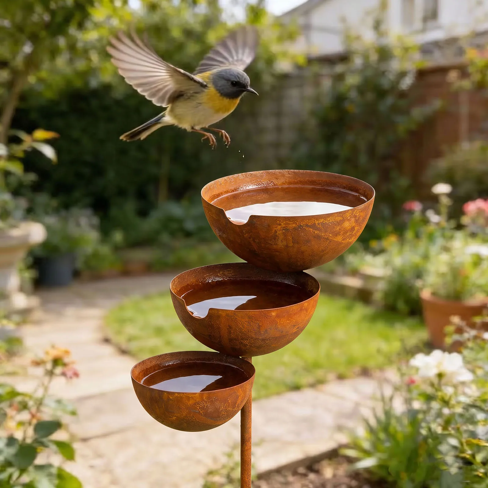 3-Layer Bird Water Bowl with Metal Stake Rain Catcher Bird Bath Standing Birdbaths for Outdoors Garden Patio Yard Lawn Decor