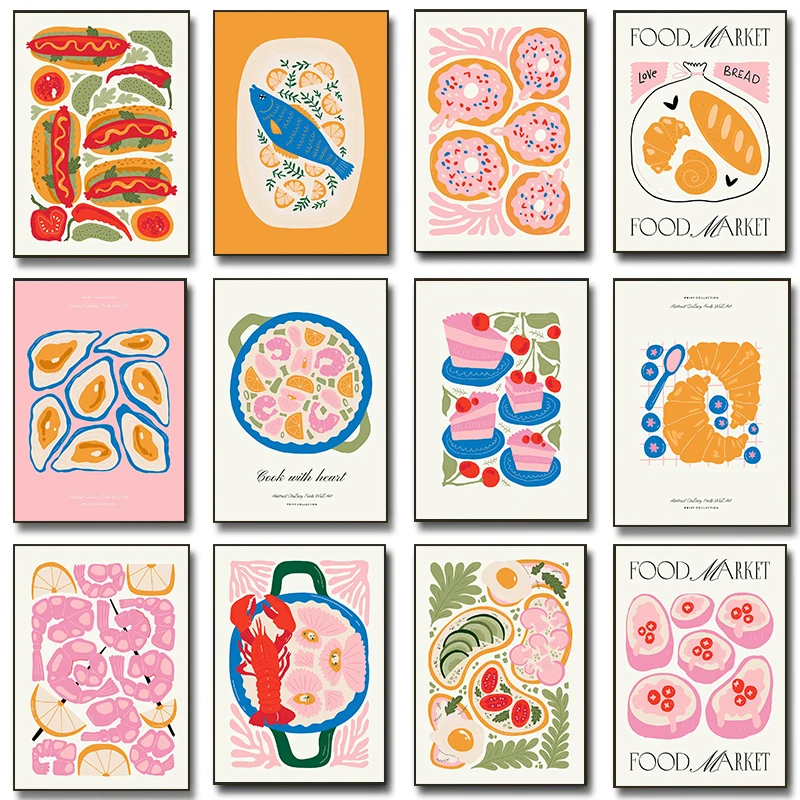 Minimalism Foods Posters Delicious Oyster Pink Ramen Bowl Shrimp Hot Dog Prints Canvas Painting Wall Pictures Home Kitchen Decor