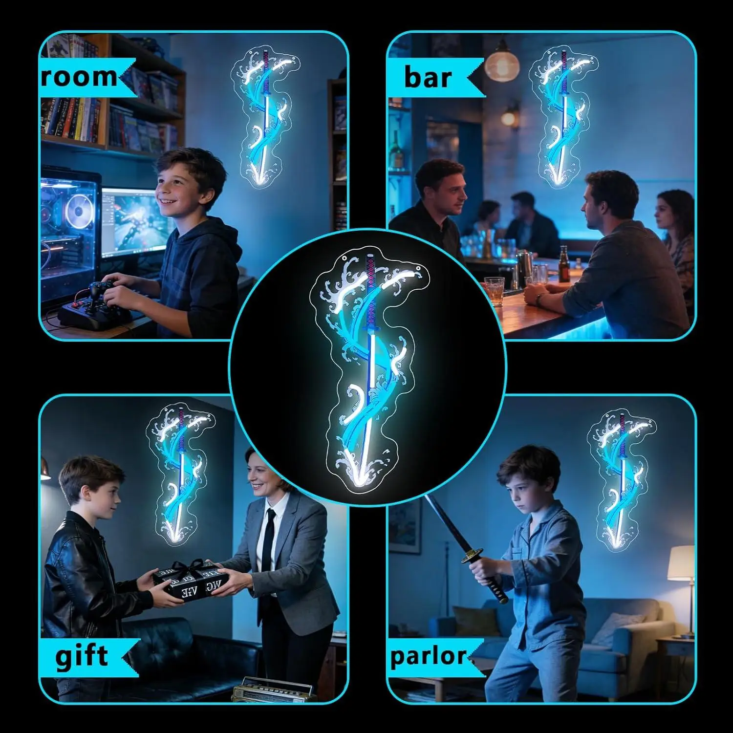 Japanese Katana Neon Sign USB Dimmable LED Lights for Teen Bedroom Anime Game Room Cafe Home Anime Theme Wall Art Decor Gifts