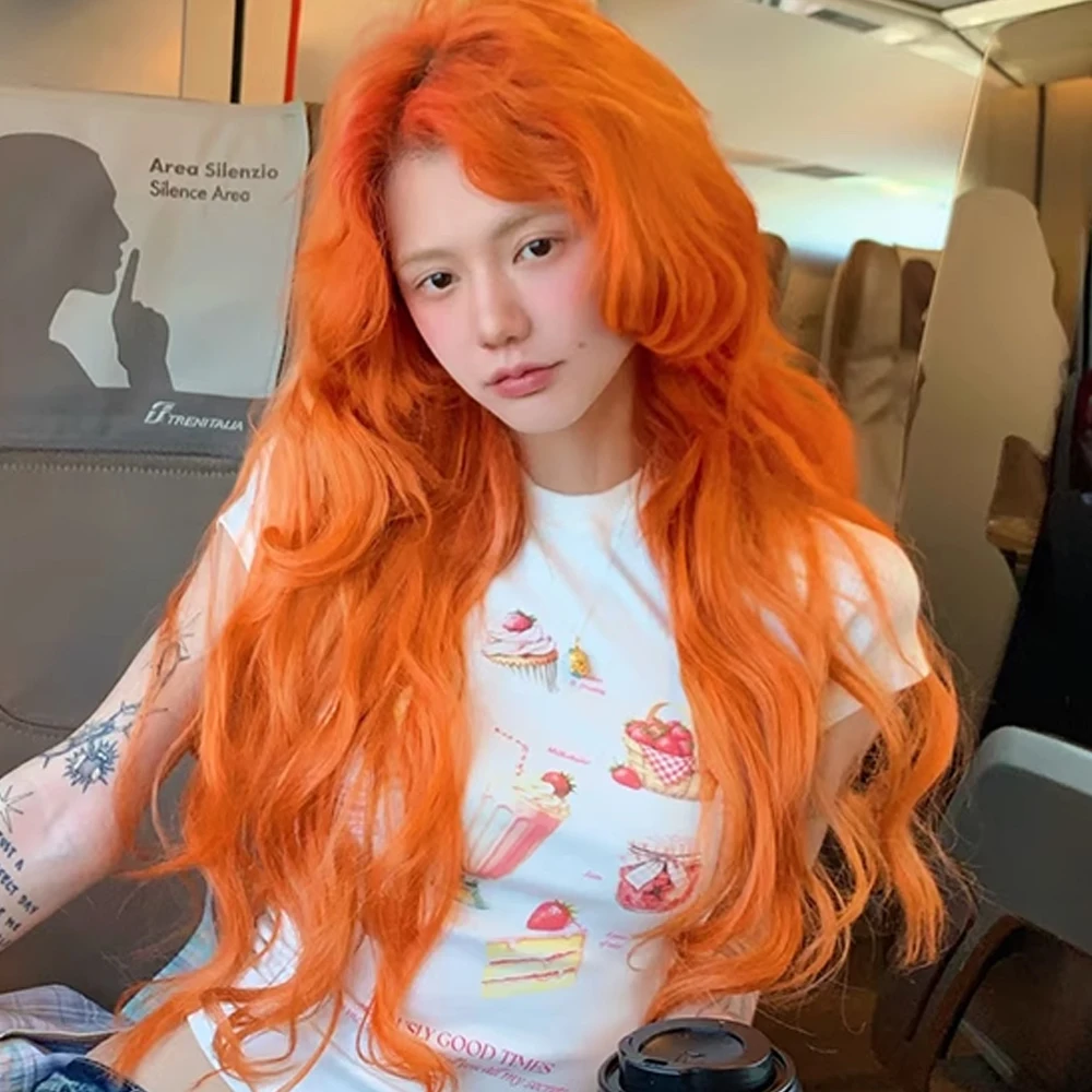 Middle Part Orange Synthetic Wigs Long Wavy Layered Women Lolita Cosplay Fluffy Heat Resistant Wig for Daily Party