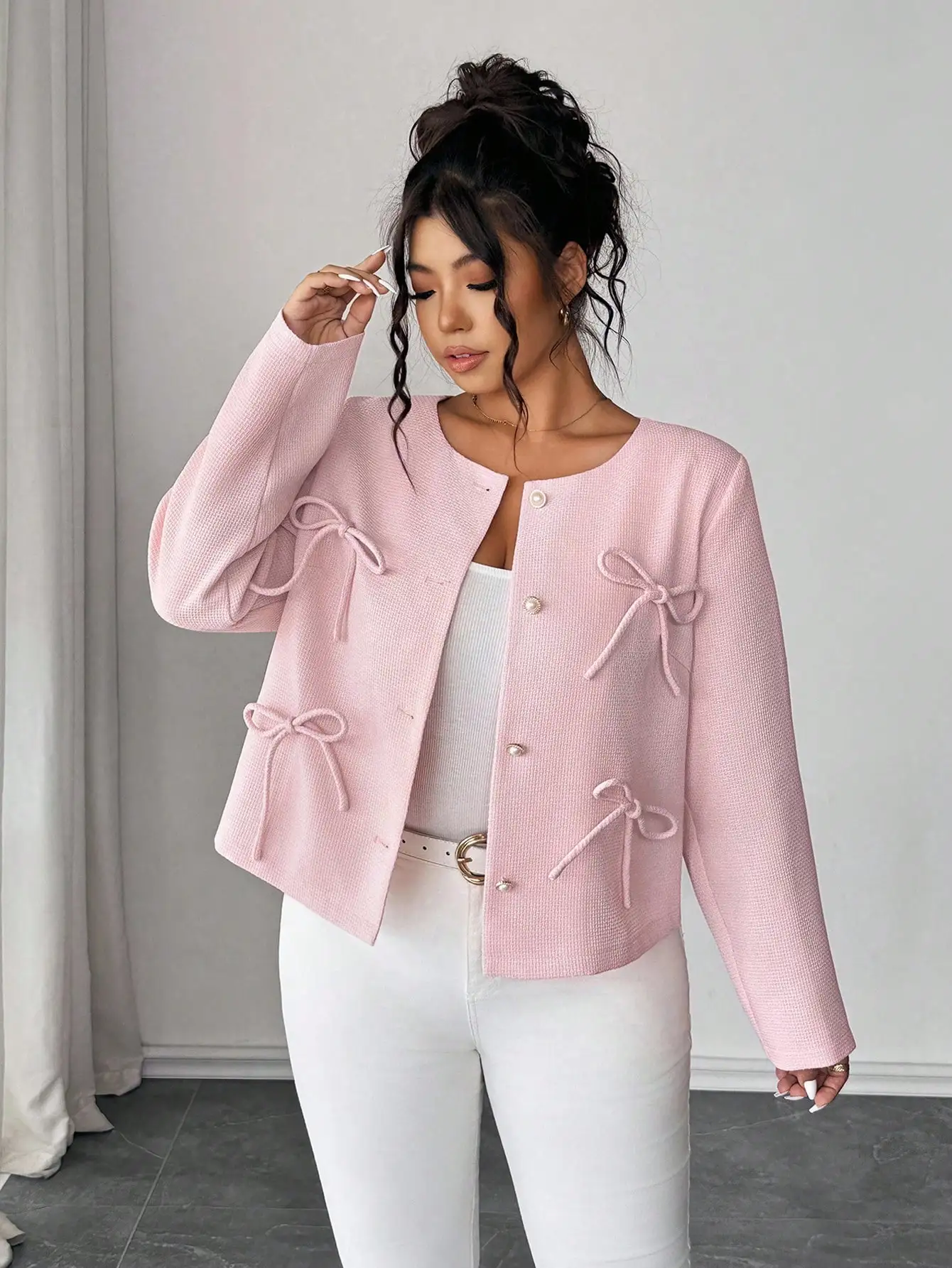 

Женская куртка с длинными рукавами, розовым бантом и пуговицами, элегантное осенне-зимнее пальто