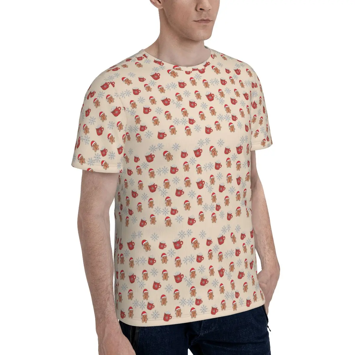 Merry Christmas Tree And Gingerbread Men T-Shirt for Men Cotton T Shirts Men's Short Sleeve O-Neck Summer Clothes Tops